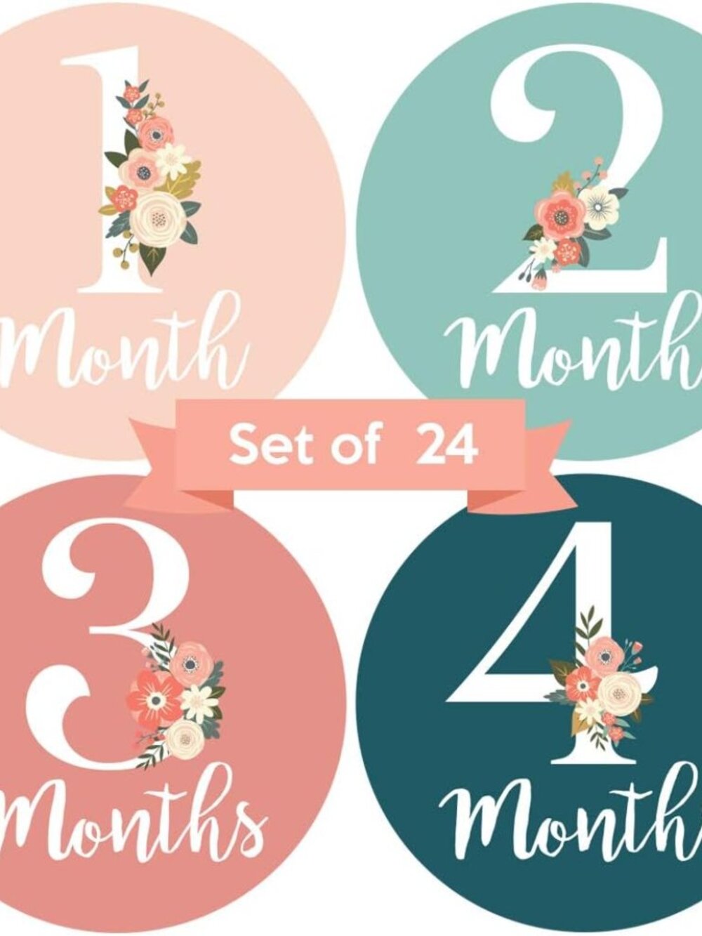 Baby Monthly Milestone Stickers - Set of 24 - Pink & Teal Floral